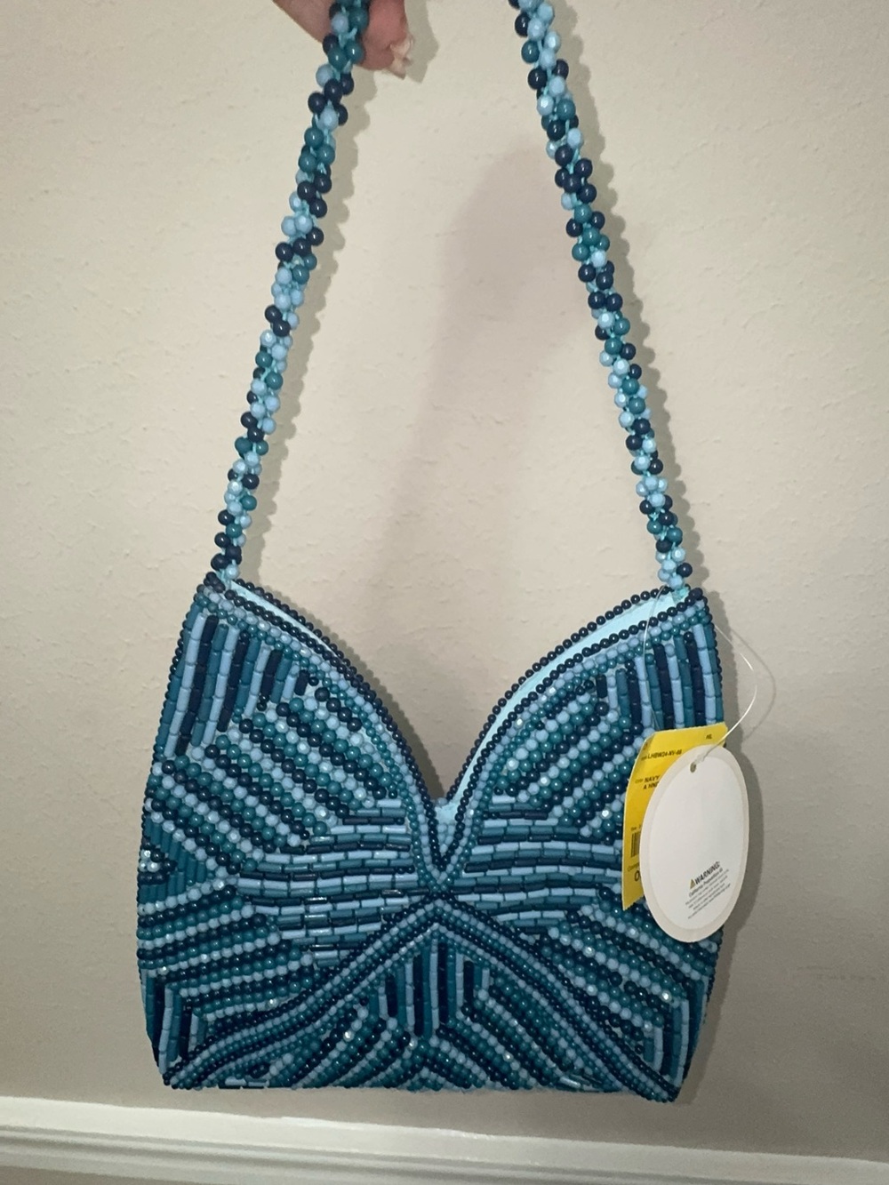 Beaded Blue Patterned Evening Bag - Blue
